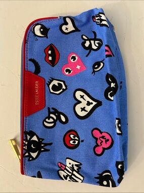 Estée Lauder Blue Graphic Cosmetic Pouch NEW fun graphics eyes lips angel wings